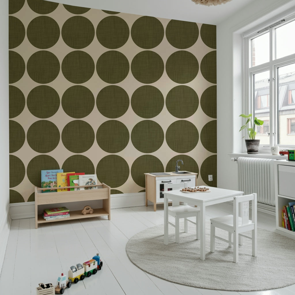 Circles in Linen Wallpaper Chartreuse disks, neutral wall geometry.