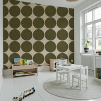 Circles in Linen Wallpaper Chartreuse disks, neutral wall geometry.