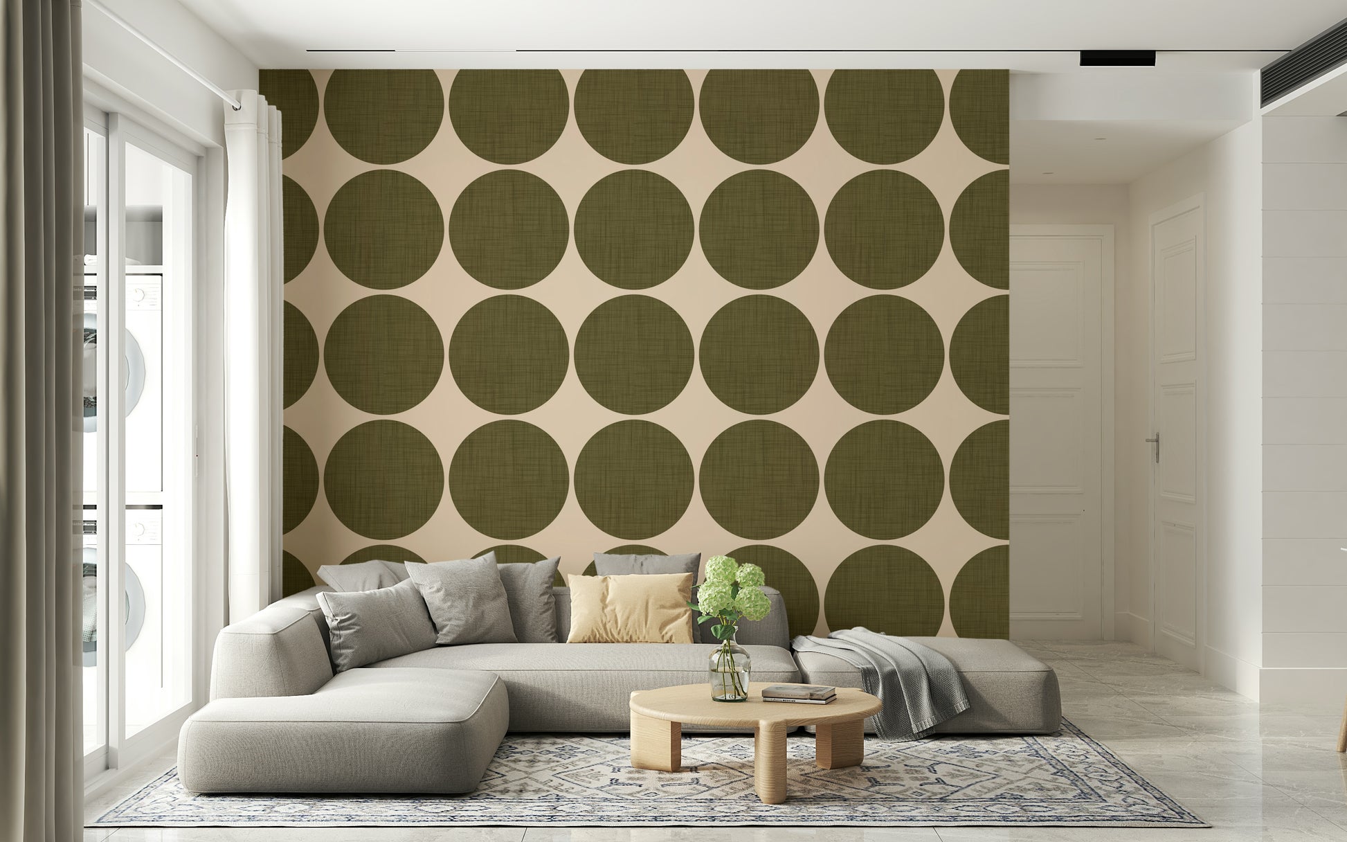 Circles in Linen Wallpaper Jumbo sage orbs, fibrous wall mural design.