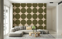 Circles in Linen Wallpaper Jumbo sage orbs, fibrous wall mural design.
