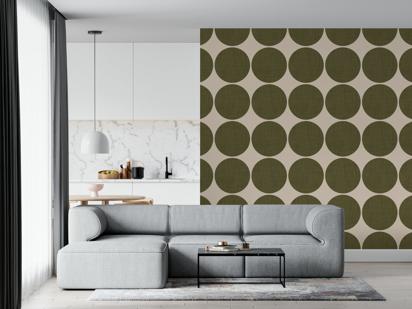 Musty Circles in Linen Wallpaper Khaki polka-dots, textured wall covering.