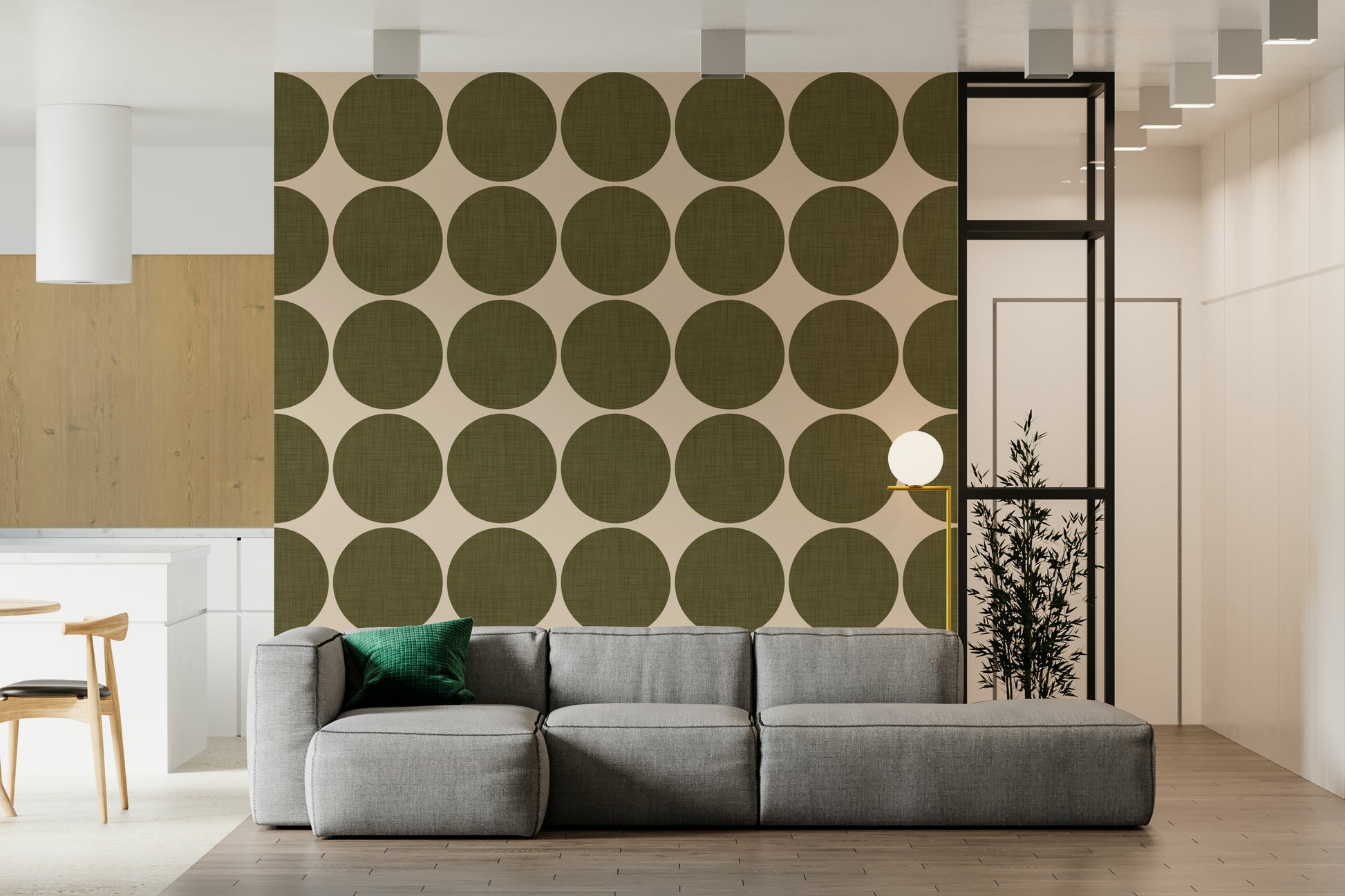 Drab Circles in Linen Wallpaper Giant verdigris discs, lofty wall cover.