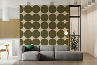 Drab Circles in Linen Wallpaper Giant verdigris discs, lofty wall cover.