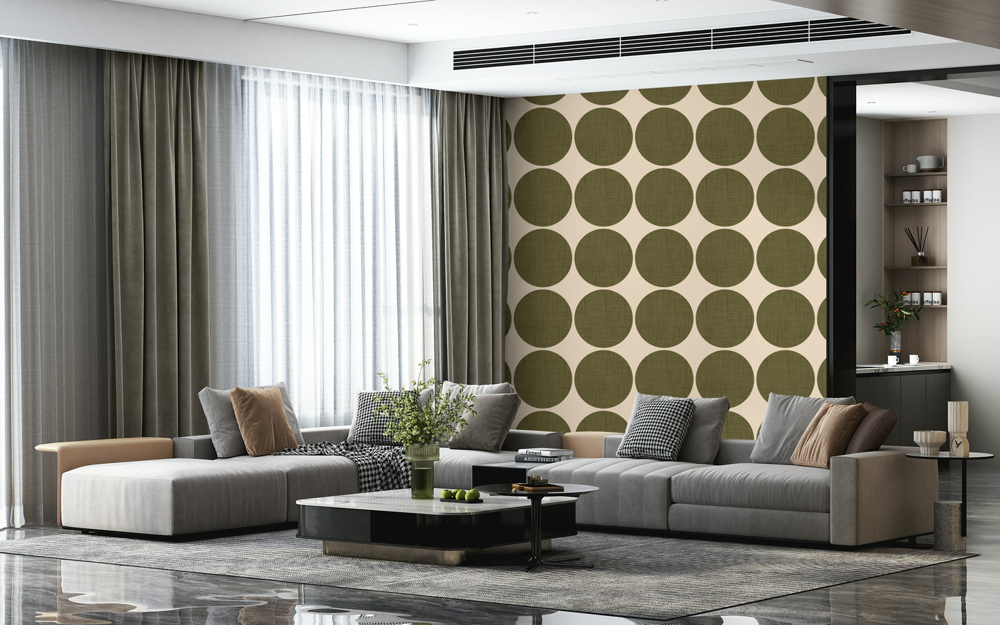 Sepia Circles in Linen Wallpaper Olive spheres, woven texture wall decor.