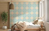 Placid Aqua Dot Swirl Wallpaper Enormous disks, woven wall covering.