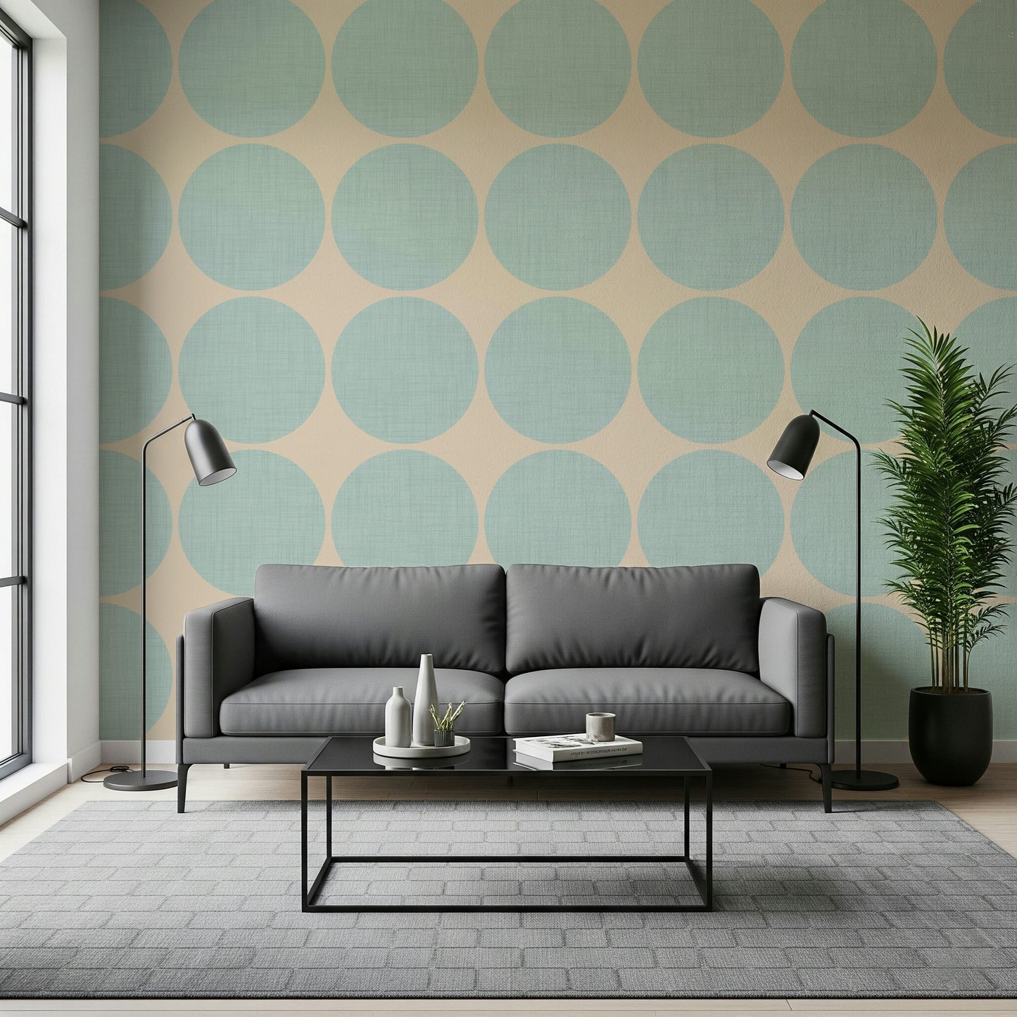 Ephemeral Aqua Dot Swirl Wallpaper Teal polka-dots, linen effect mural.
