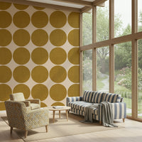 Ochre Orb Weave Wallpaper Lattice wall mural, large mustard circles.
