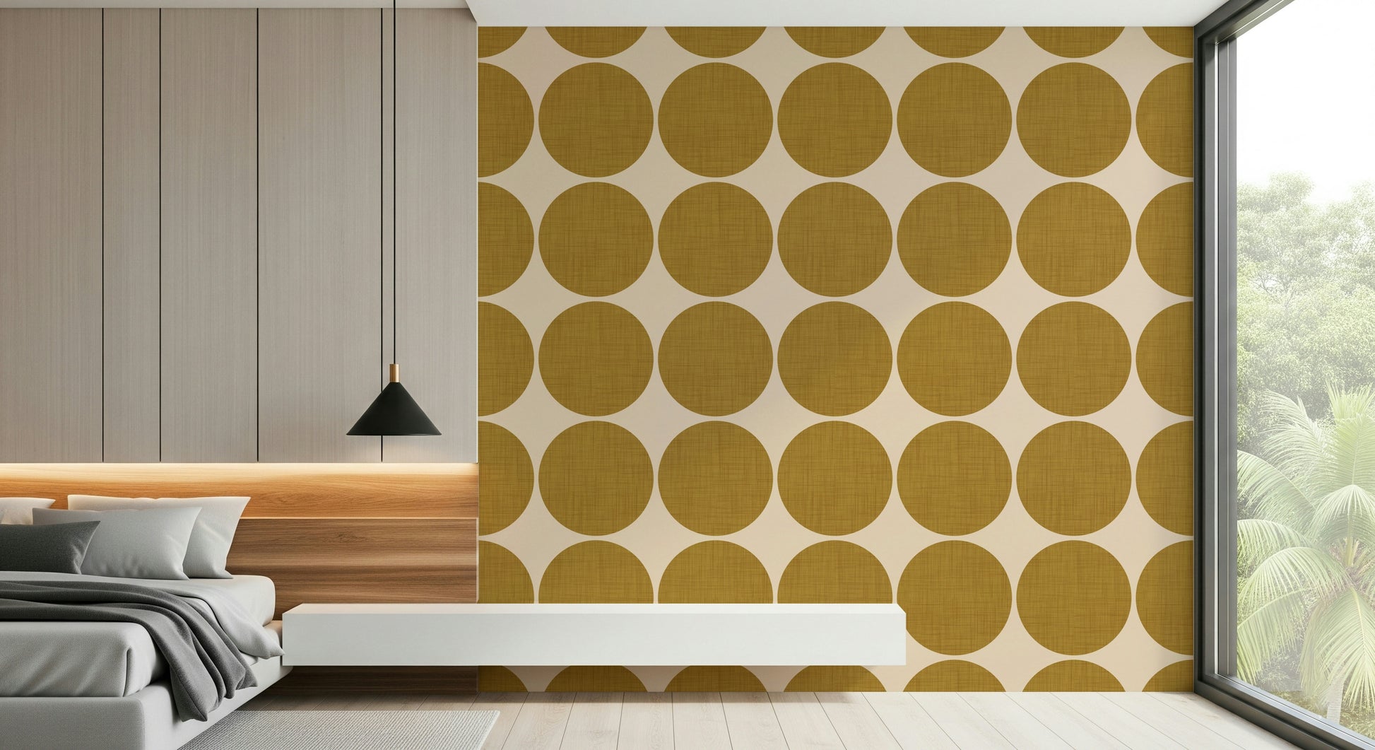 Umami Ochre Orb Weave Wallpaper Burlap discs, repeating pattern.