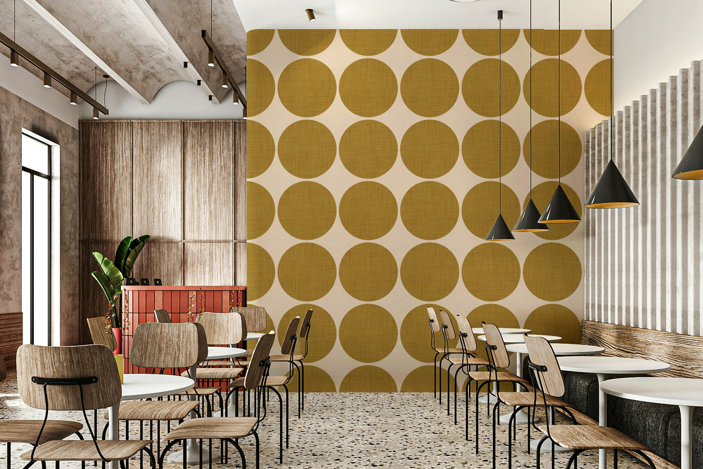 Verdant Ochre Orb Weave Wallpaper Overlapping disks, weave pattern.