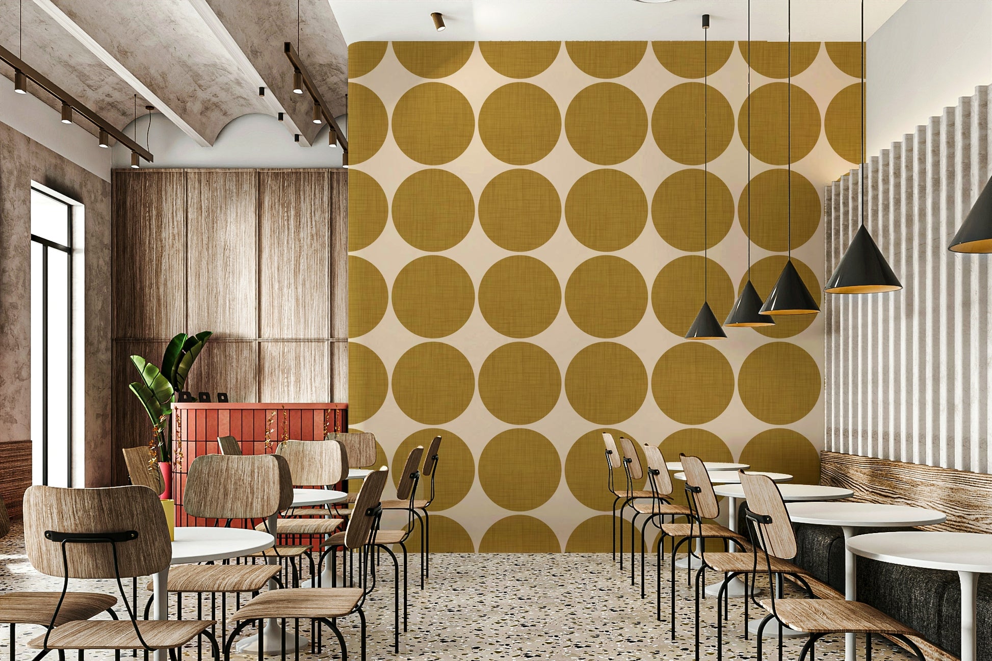 Verdant Ochre Orb Weave Wallpaper Overlapping disks, weave pattern.
