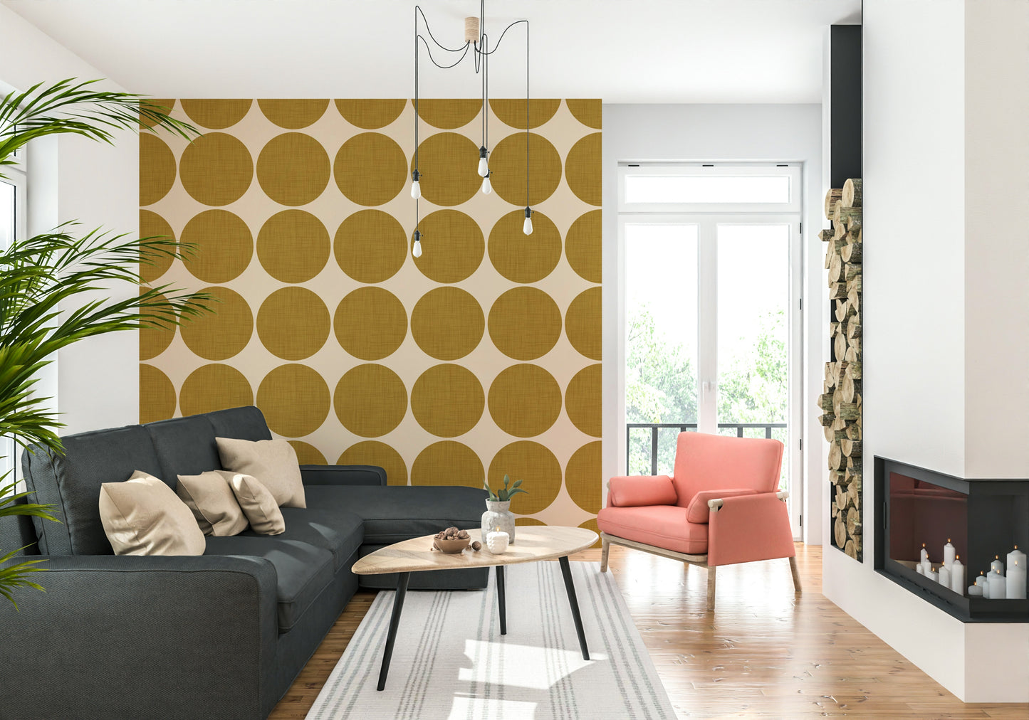 Ochre Orb Weave Wallpaper Buff background, sienna orbs mural.