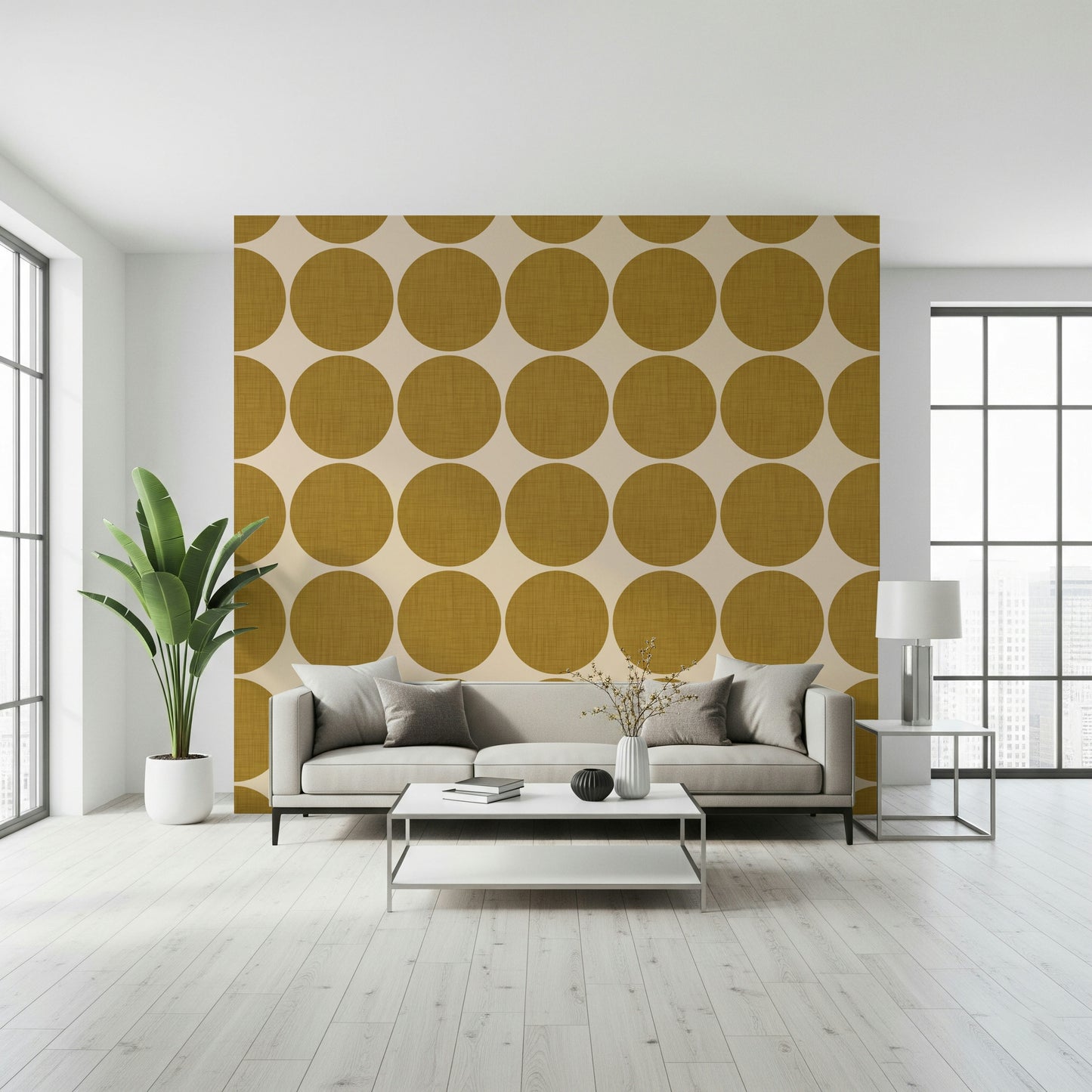 Ochre Orb Weave Wallpaper Tawny polka-dots, woven texture.