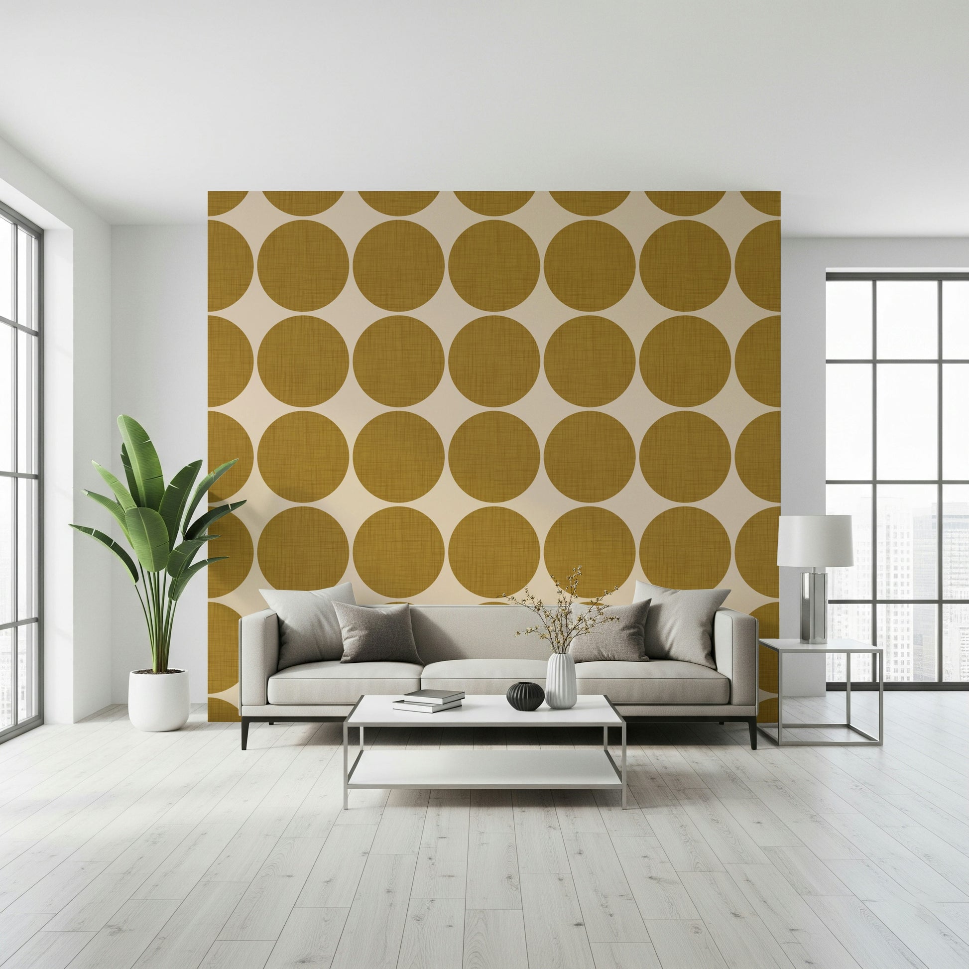 Ochre Orb Weave Wallpaper Tawny polka-dots, woven texture.