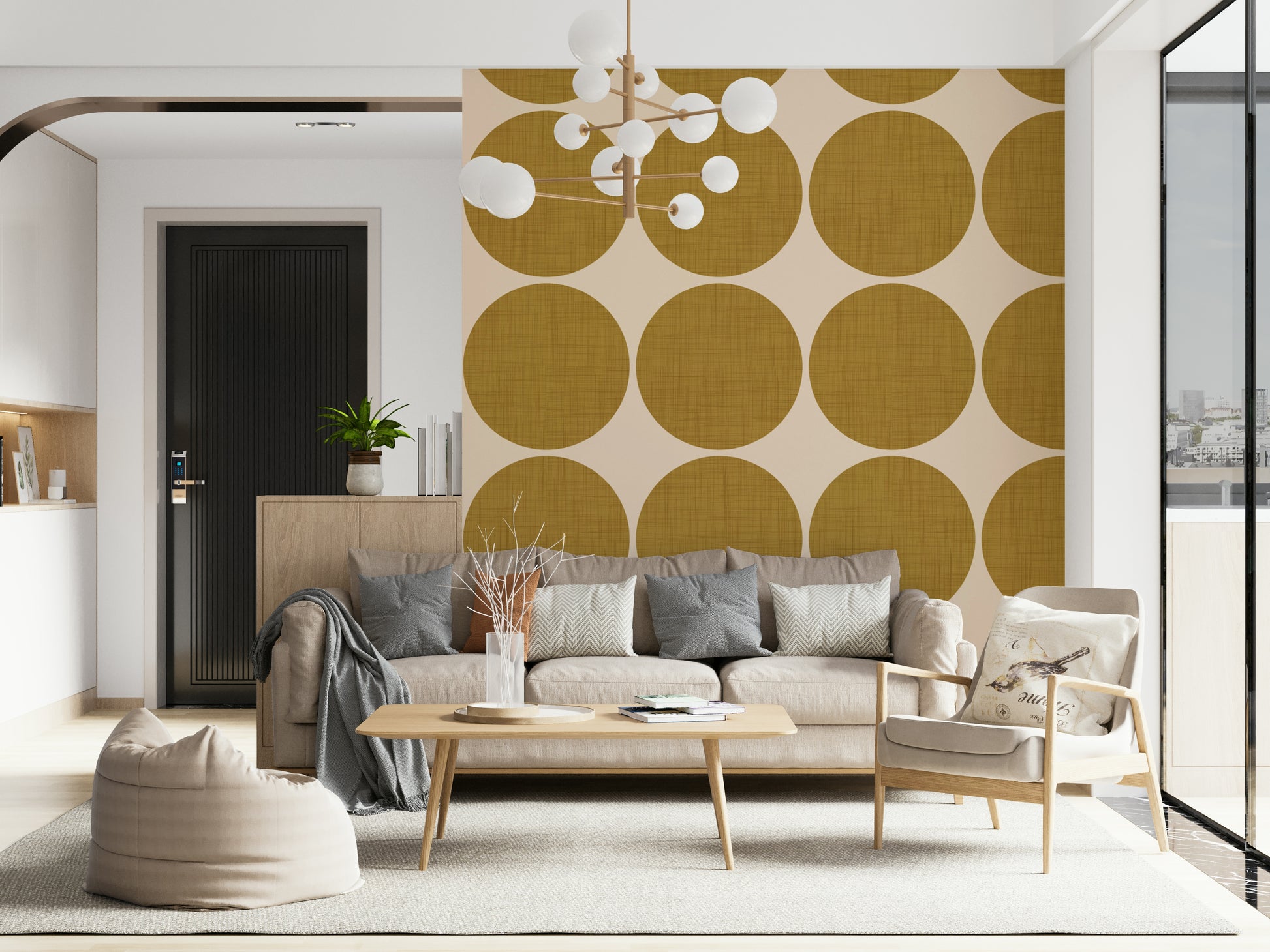 Cochineal Ochre Orb Weave Wallpaper Midcentury mod wall covering.