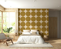 Fecund Ochre Orb Weave Wallpaper Textured wall covering, tan background.