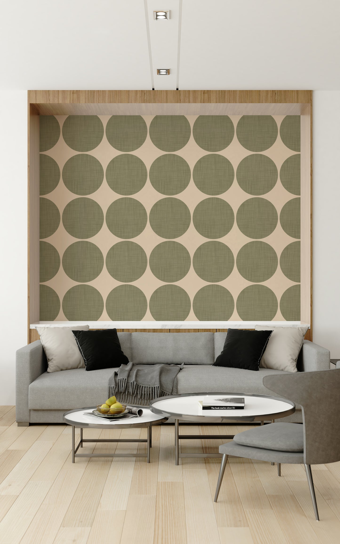 Novel taupe and olive Olive Circles Wallpaper pattern.