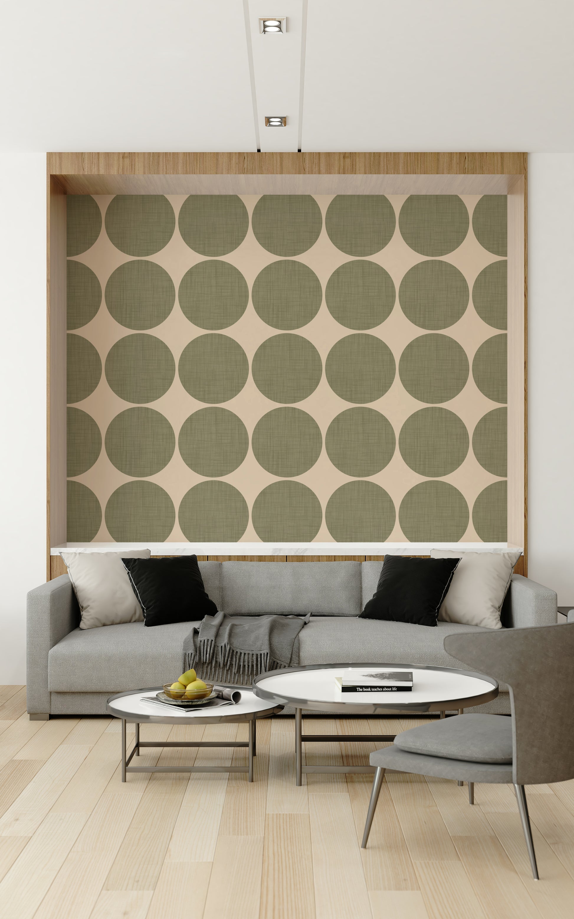 Novel taupe and olive Olive Circles Wallpaper pattern.