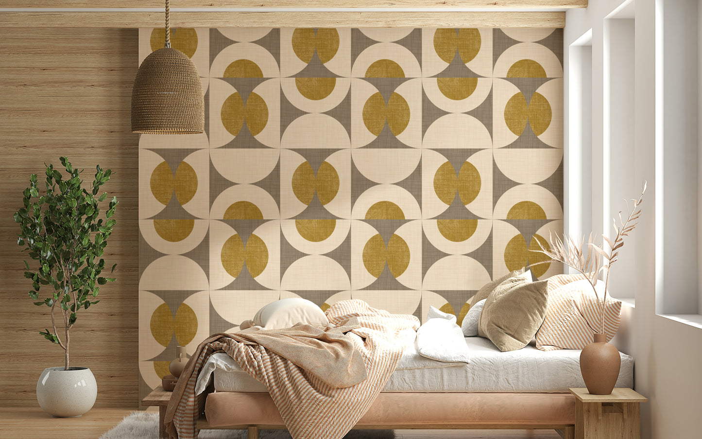 Mid-Century Modern Arcs Wallpaper in a muted, sophisticated color palette.