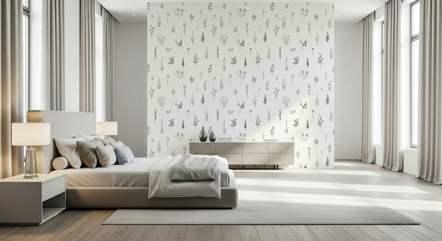 Scribbly Sketch Tiny Floral Wallpaper Botanical Sketch Wallpaper