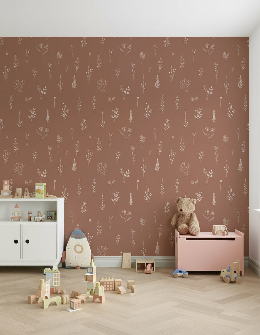 Minimalist bloom pattern on Rustic Bloom Sketch Wallpaper mural.