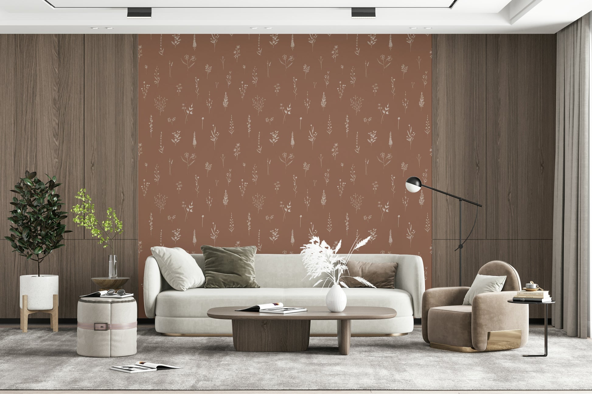 Wide room perspective featuring the Rustic Bloom Sketch Wallpaper.