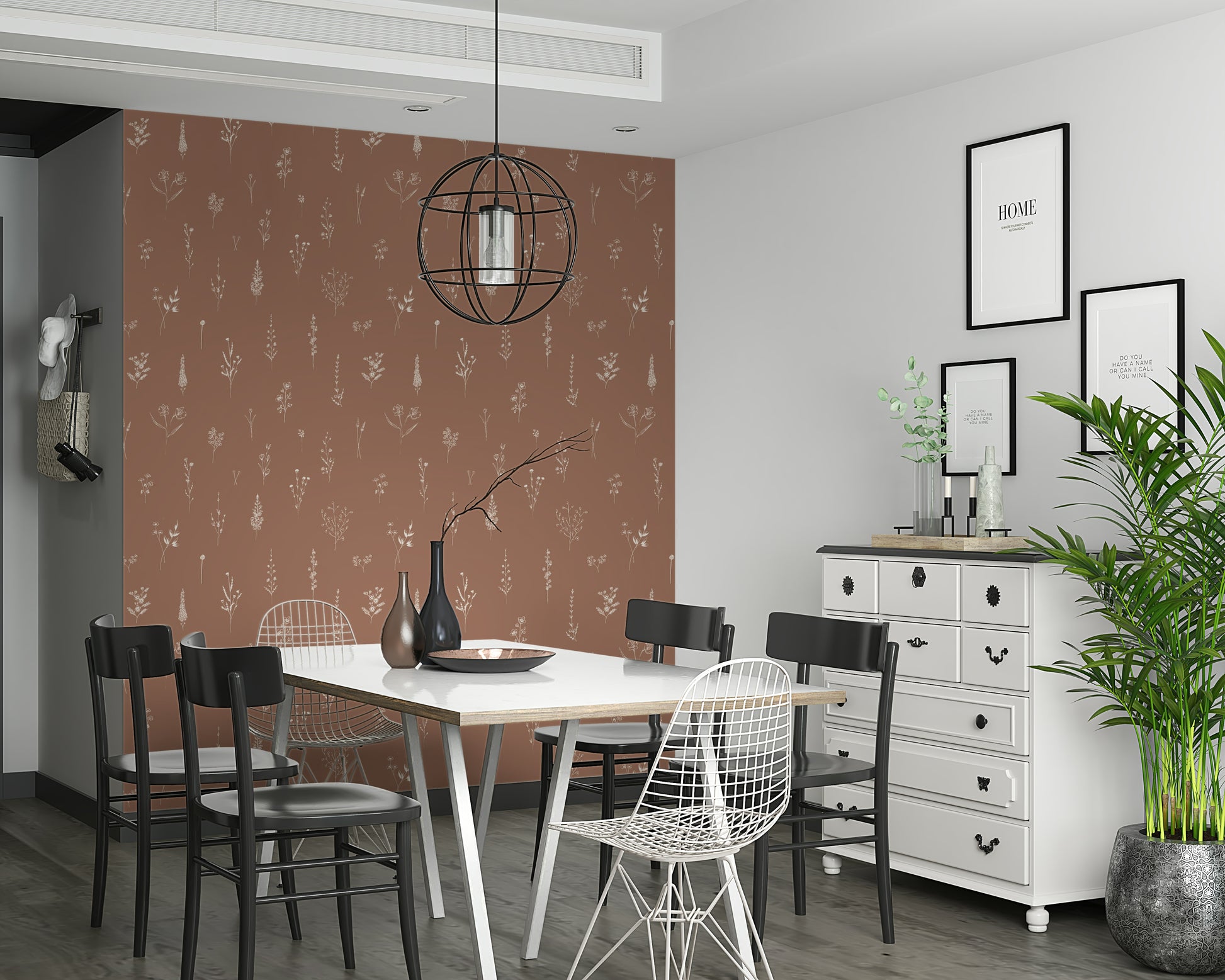 Interior featuring the subtle Rustic Bloom Sketch Wallpaper design.
