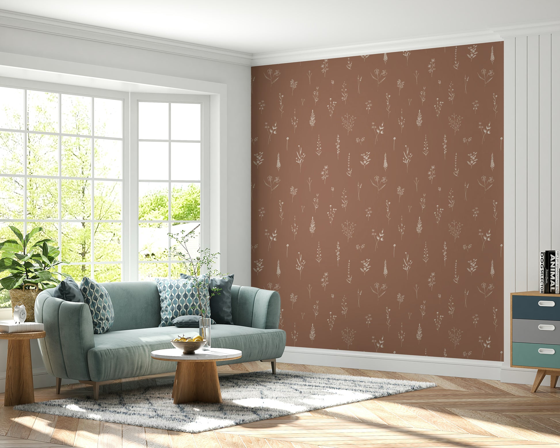 Rhythmic abstract plant pattern on Rustic Bloom Sketch Wallpaper.