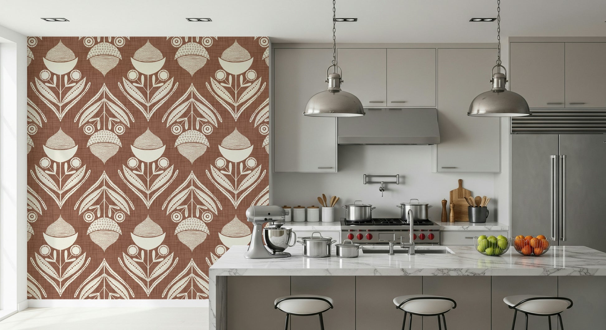 Earthy Floral Echo Wallpaper with a repetitive bloom motif.
