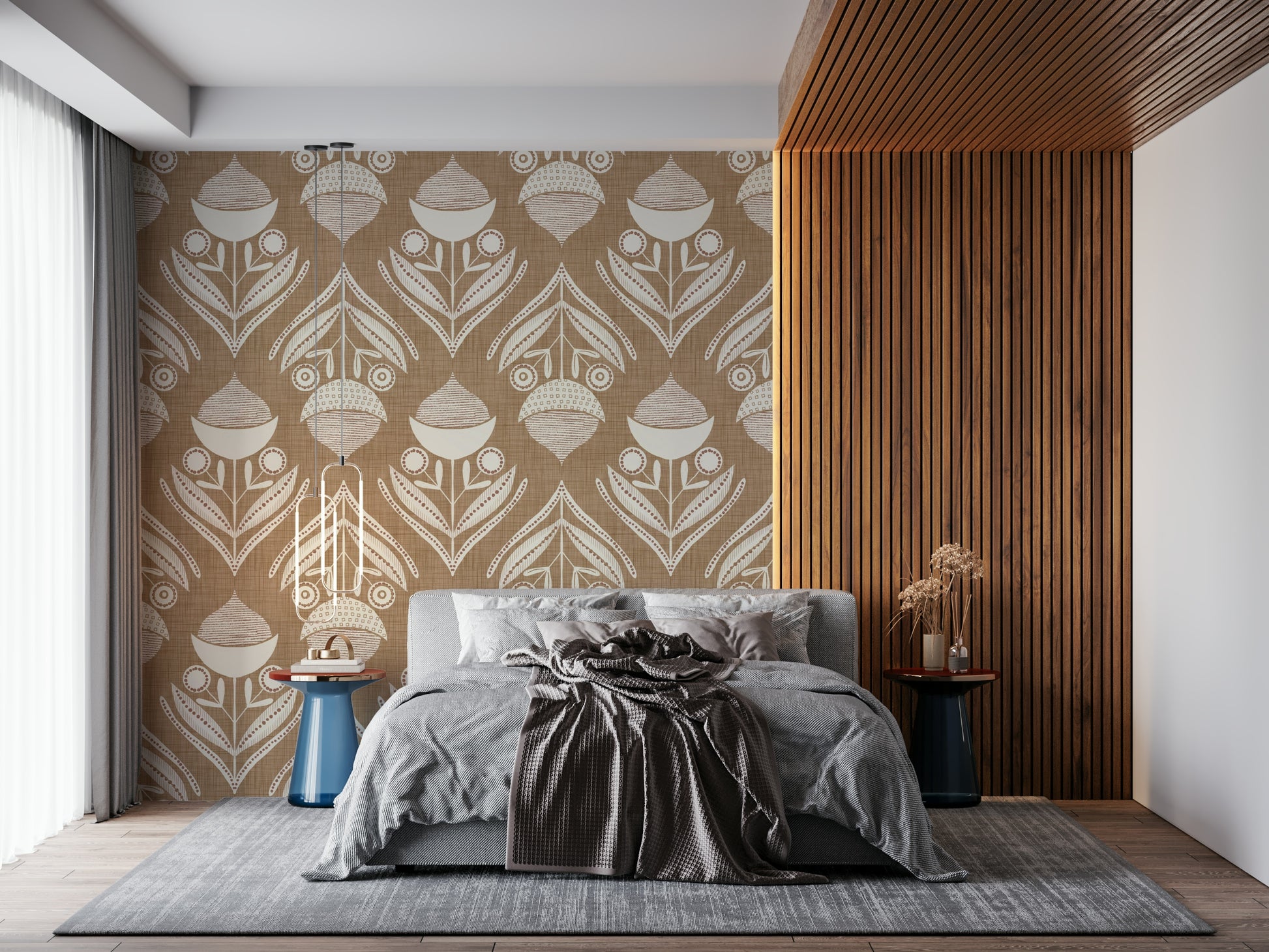 Rustic Bloom Wallpaper provides a textural, rustic wall mural look.