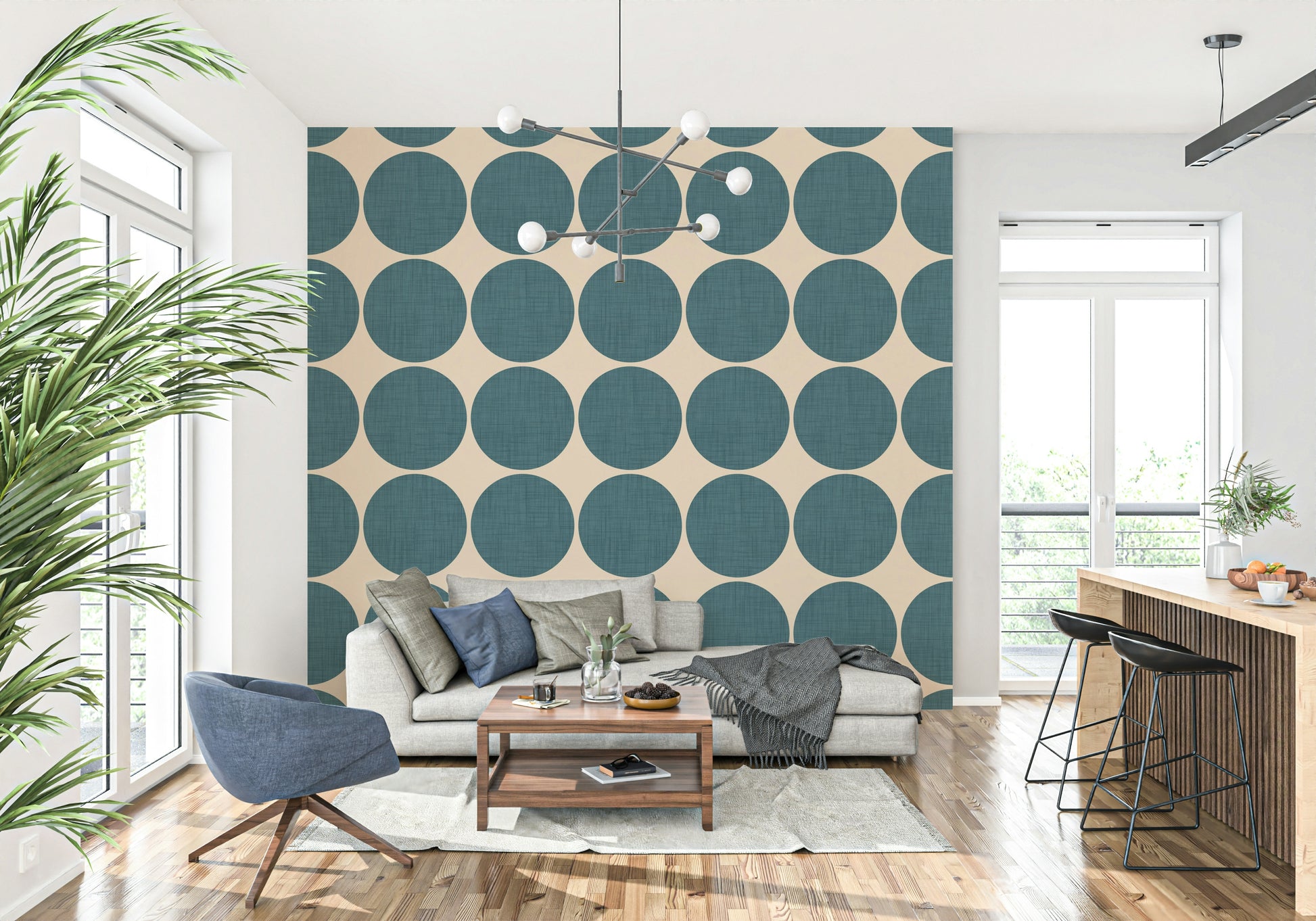Striking Textured Teal Arcs Wallpaper is easy peel and stick.