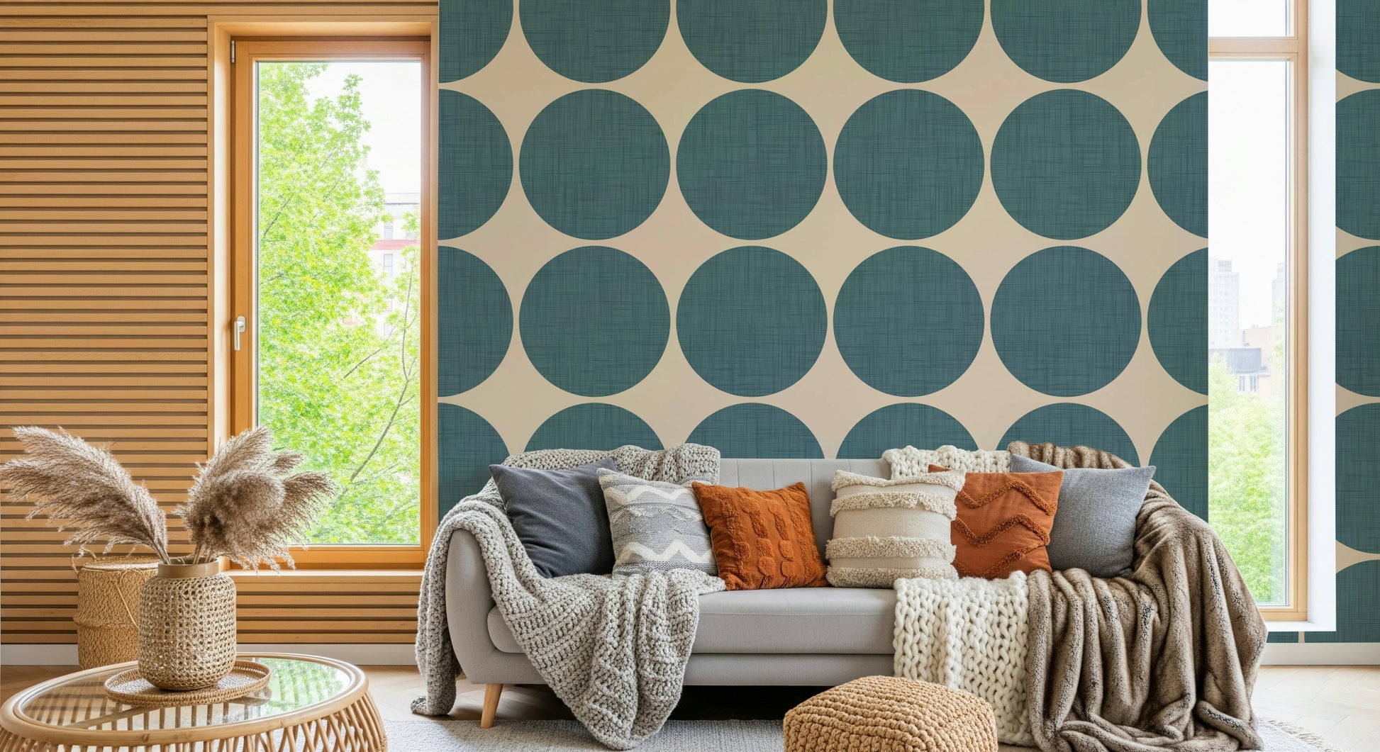 Textured Teal Arcs Wallpaper offers a vibrant, calming look.
