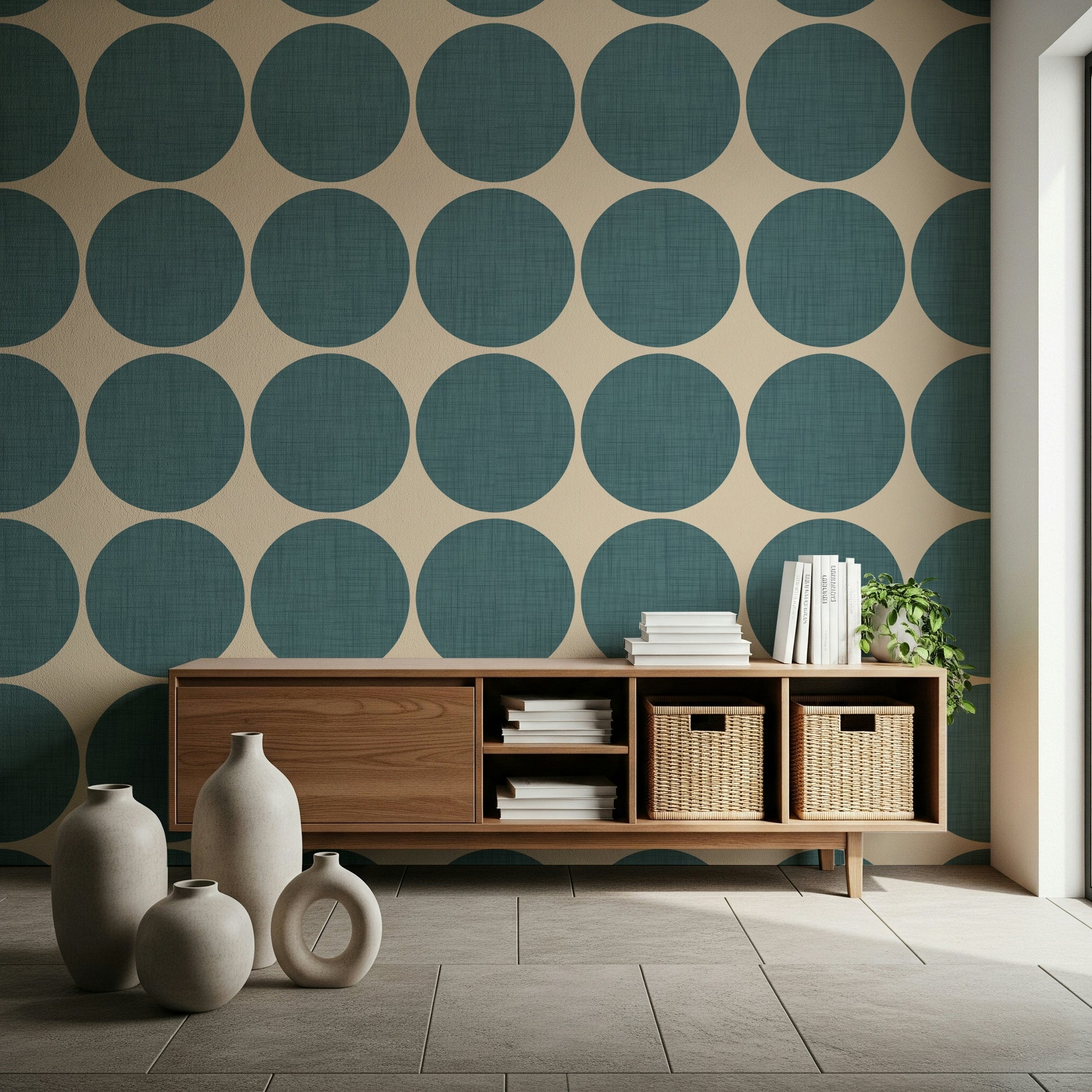 Artistic Textured Teal Arcs Wallpaper with a fabric texture.