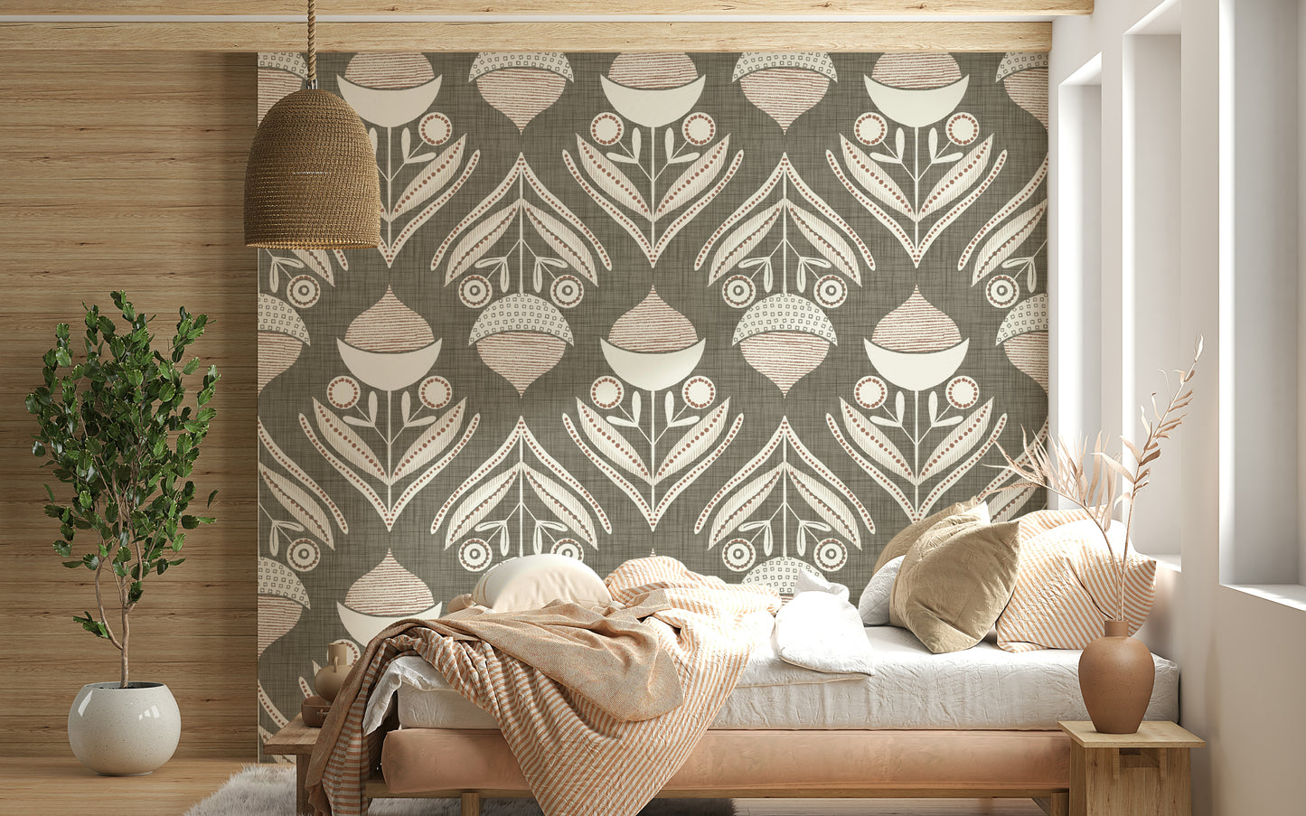 Delightful Neutral Bloom Textile Wallpaper elevates any wall.