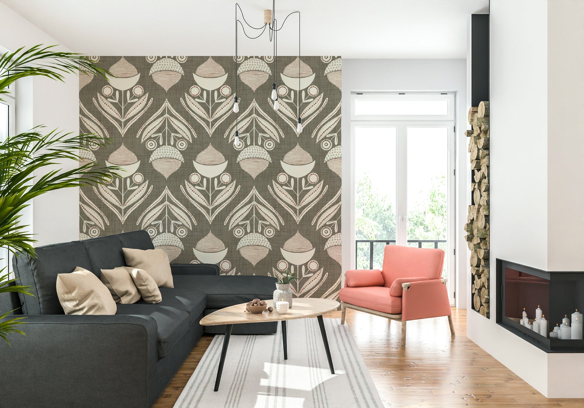 Whimsical Neutral Bloom Textile Wallpaper is modern peel and stick.