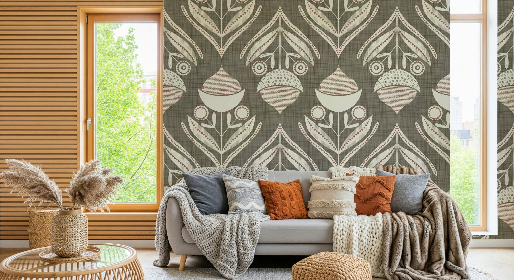 Charming Neutral Bloom Textile Wallpaper is a unique wall mural.