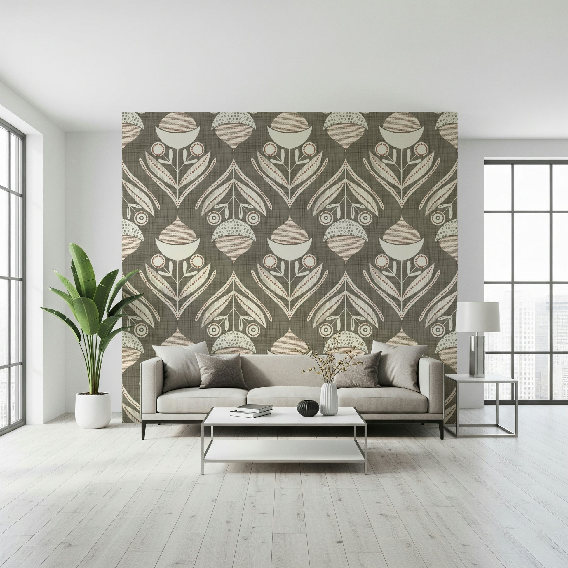 Neutral Bloom Textile Wallpaper features an abstract floral motif.