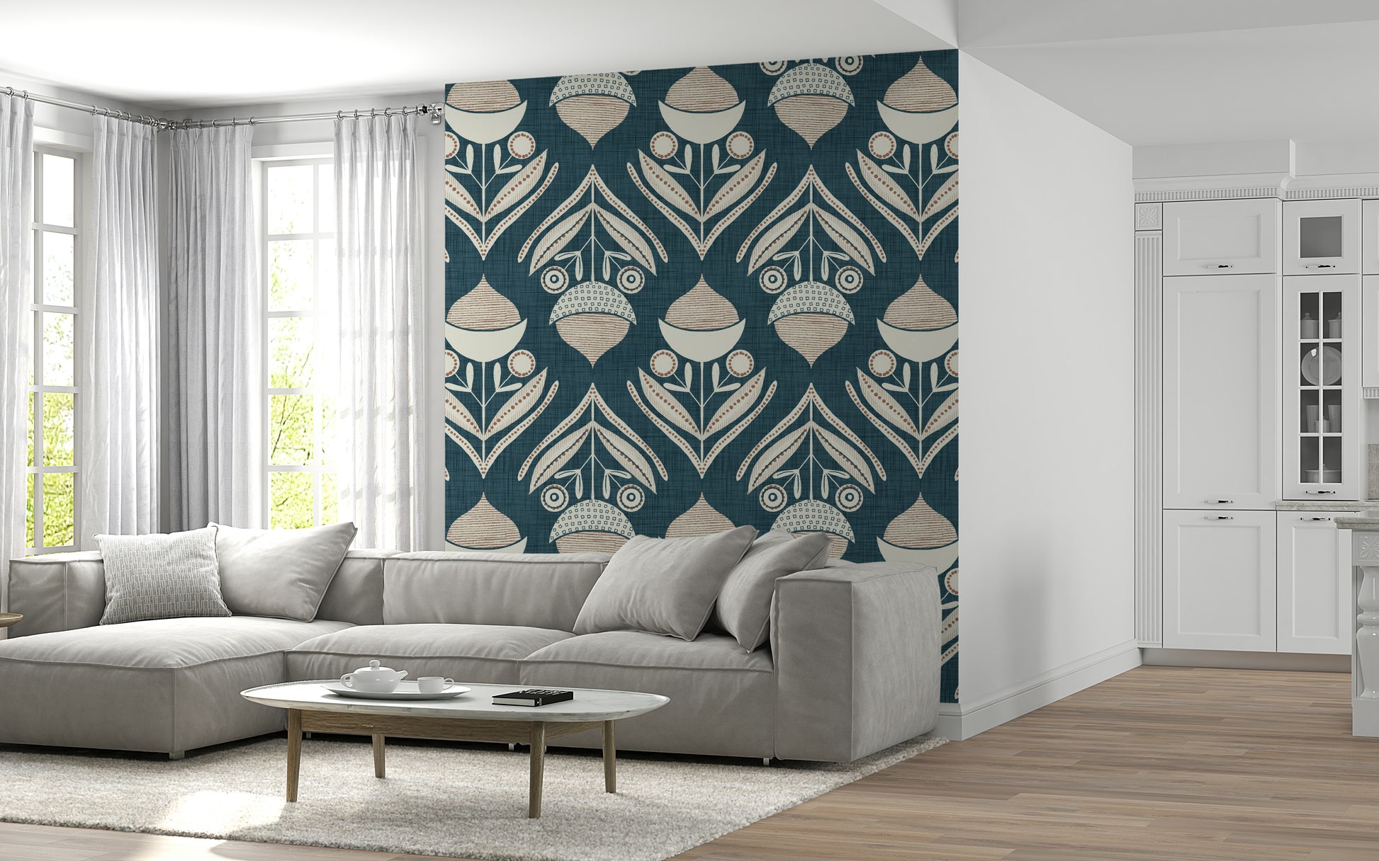 Patterned acorn cap element of Abstract Floral Bloom wallpaper.