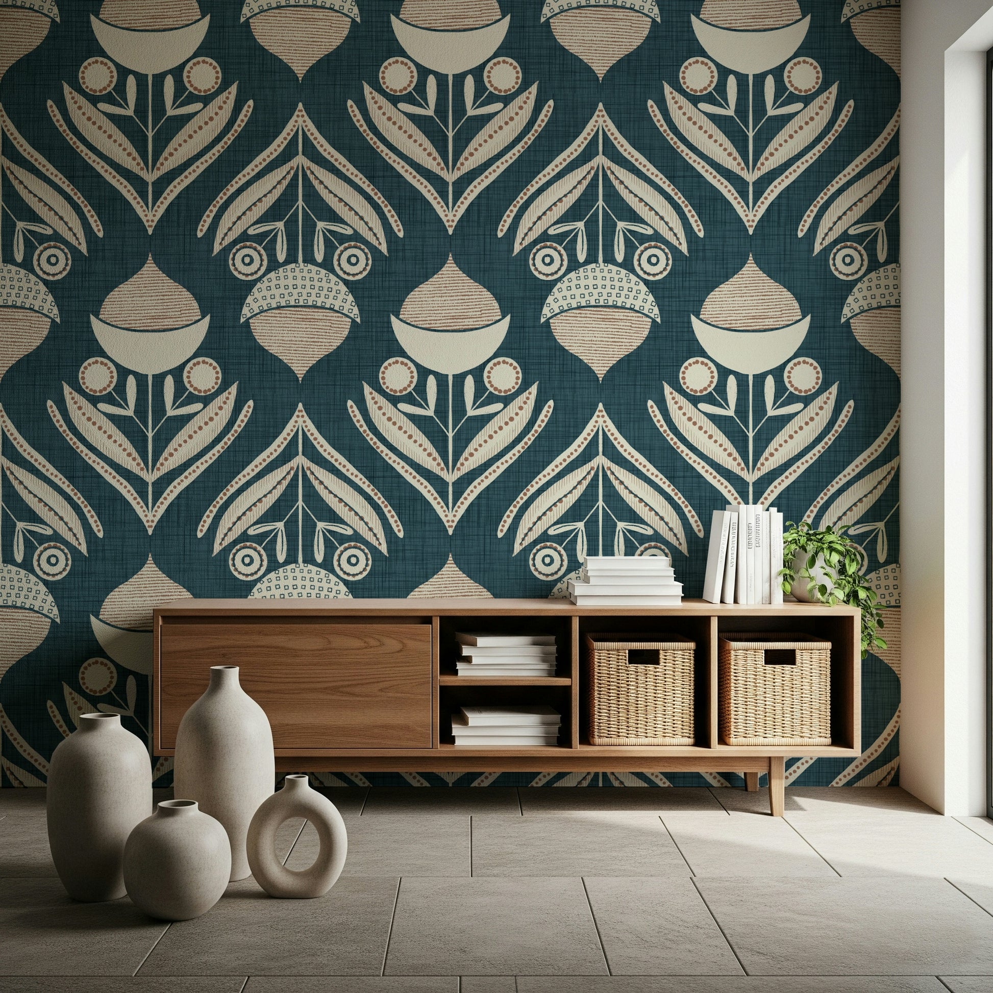 Peculiar folk art blossom of Abstract Floral Bloom repeating pattern.