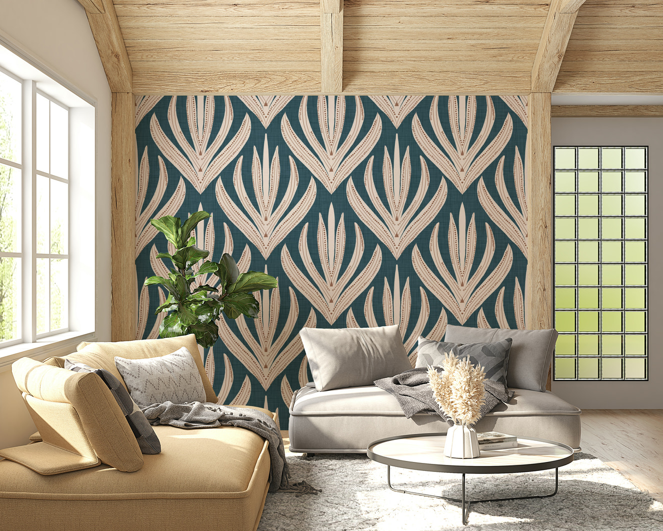 Modern Aztec Flora Wallpaper featuring odd tribal frond shapes.