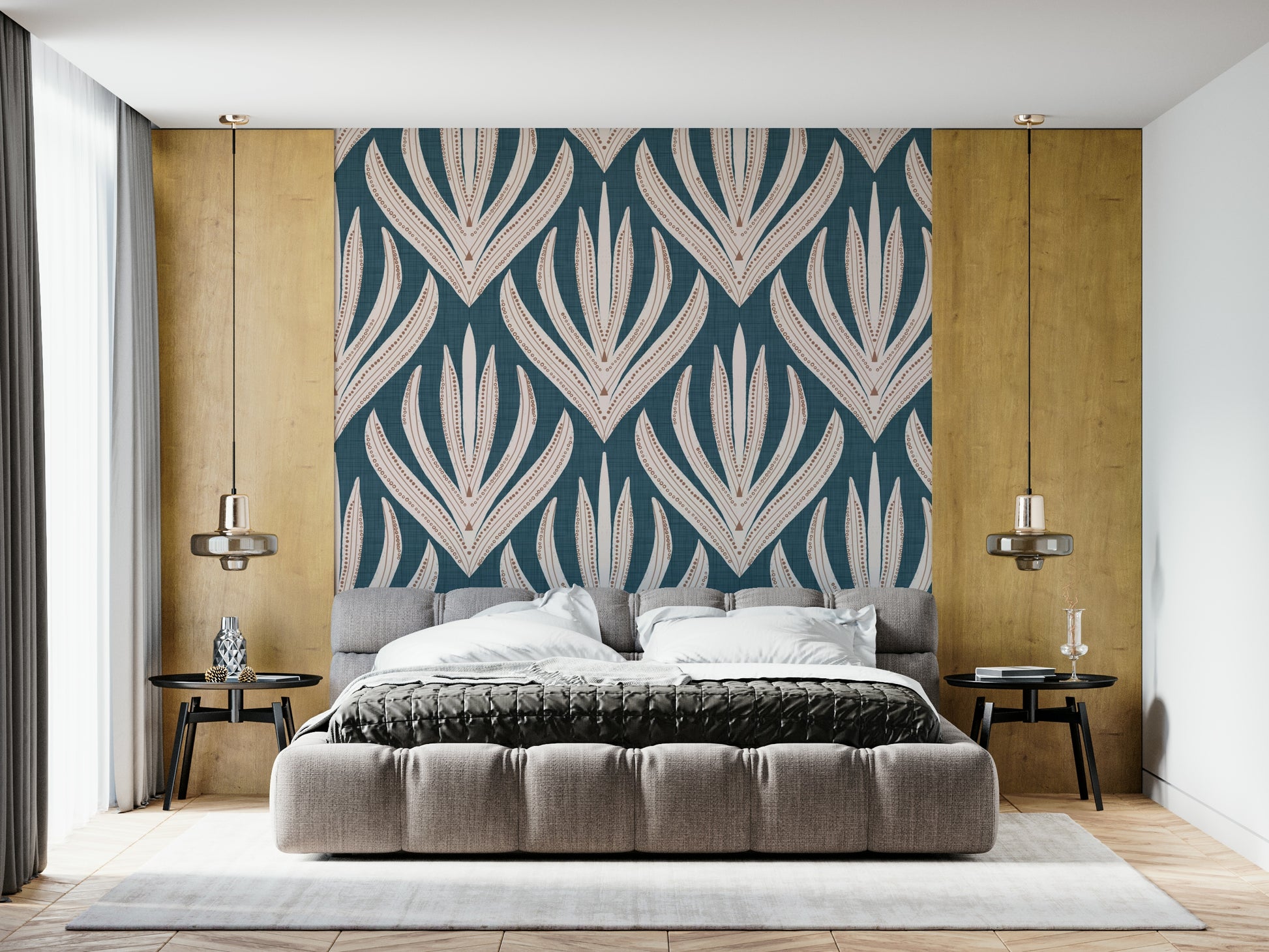 Bohemian dotted spears on Modern Aztec Flora wall mural.