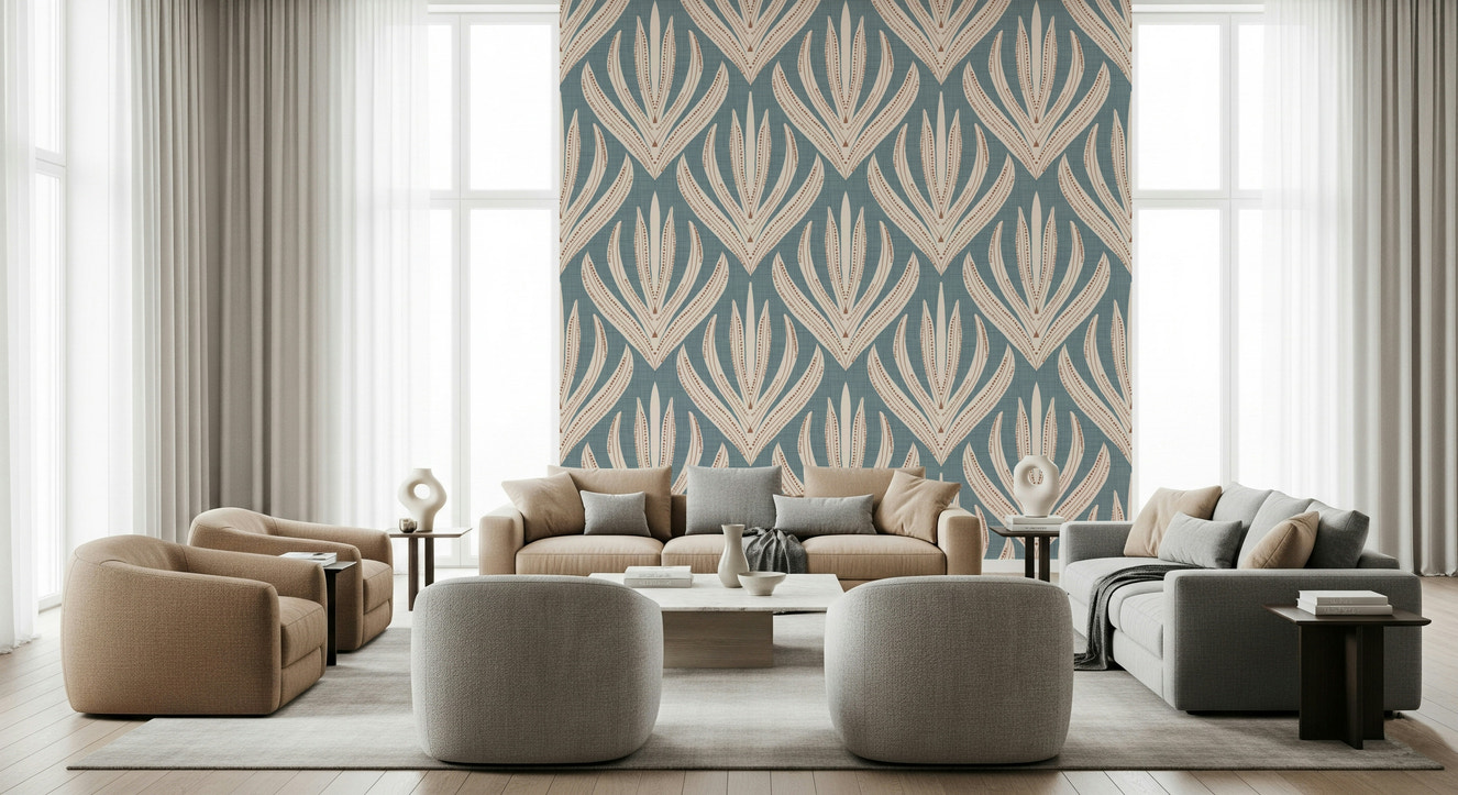 Organic pattern of Floral Geometry in Muted Blue wallpaper for walls.