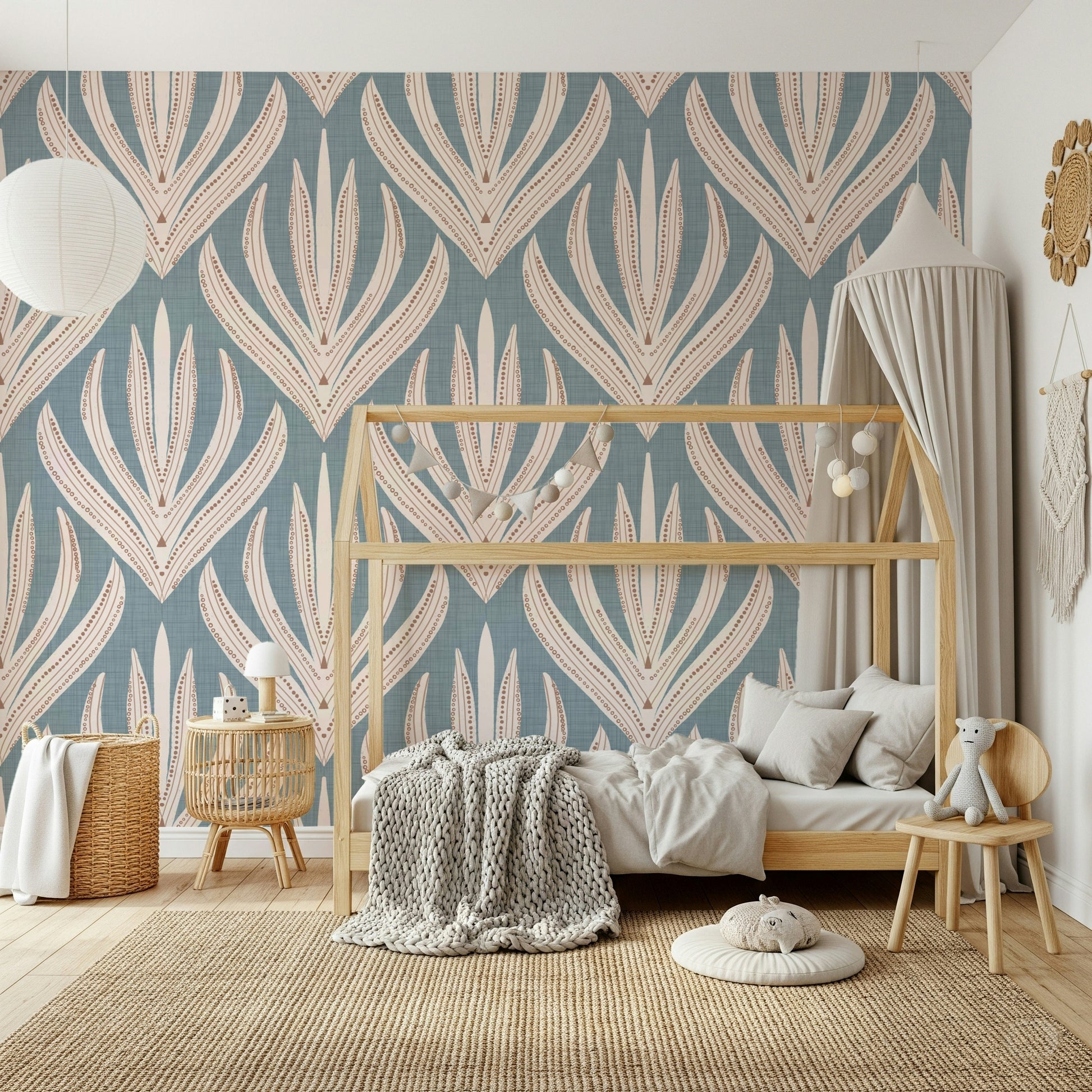 Bohemian patterned spears on Floral Geometry in Muted Blue wall mural.