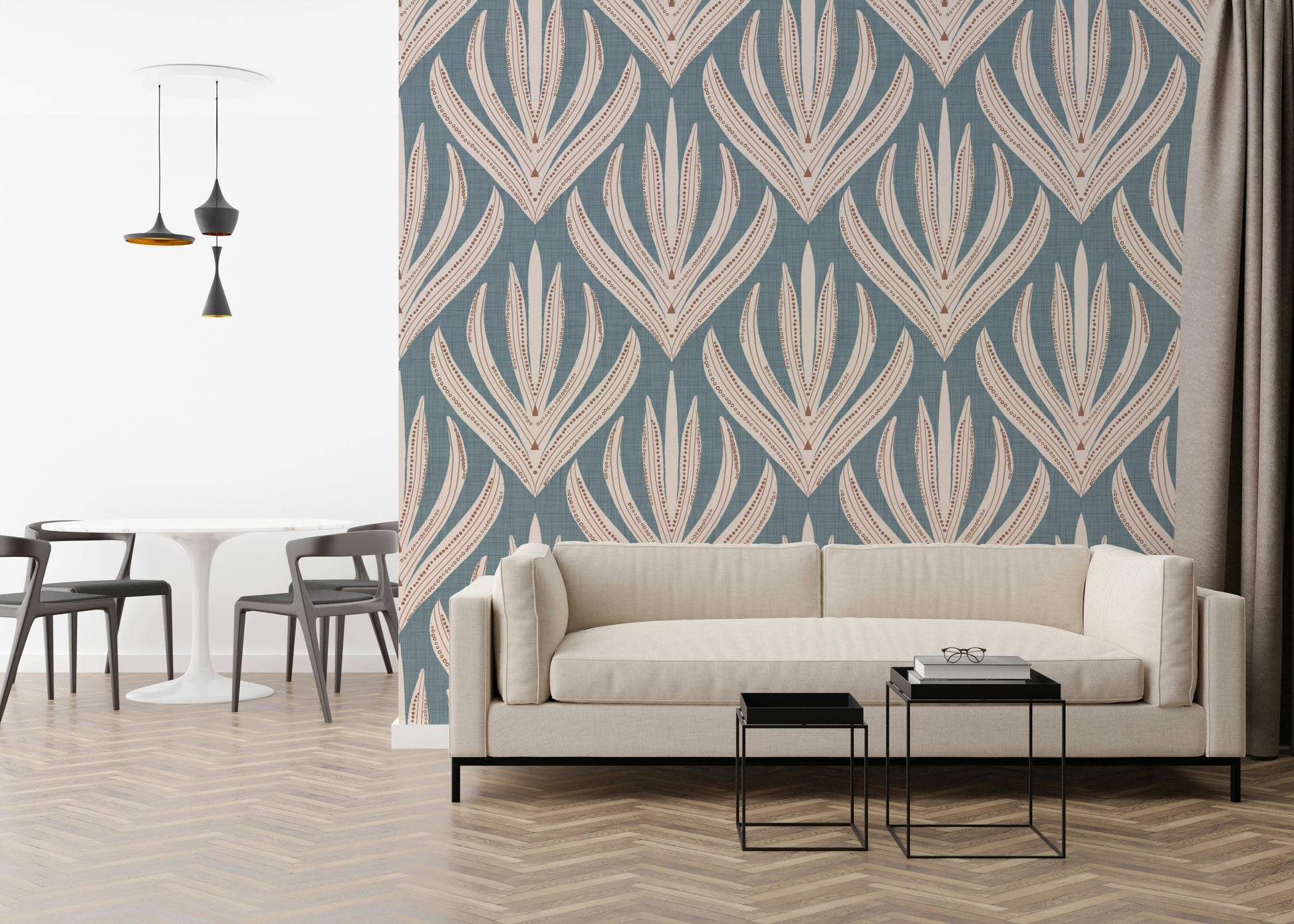 Chevron-like structure of Floral Geometry in Muted Blue repeat.