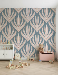 Aqua-marine and blush color scheme of Floral Geometry in Muted Blue.