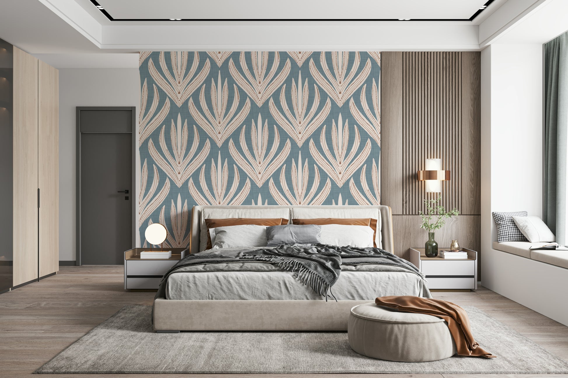 Serene vertical symmetry of Floral Geometry in Muted Blue wallpaper.