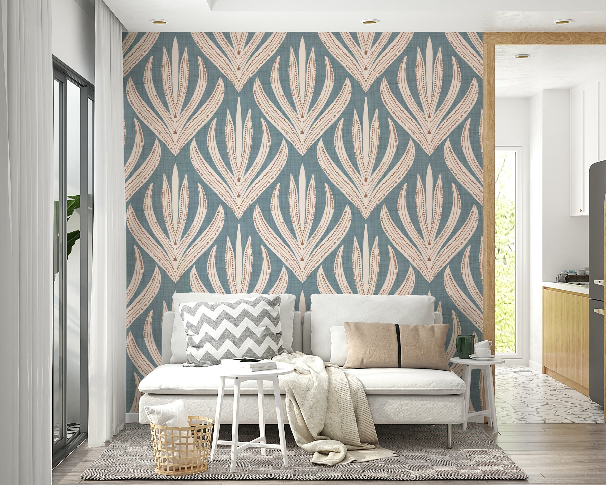 Enigmatic Floral Geometry in Muted Blue Wallpaper featuring a stylized art deco leaf pattern.