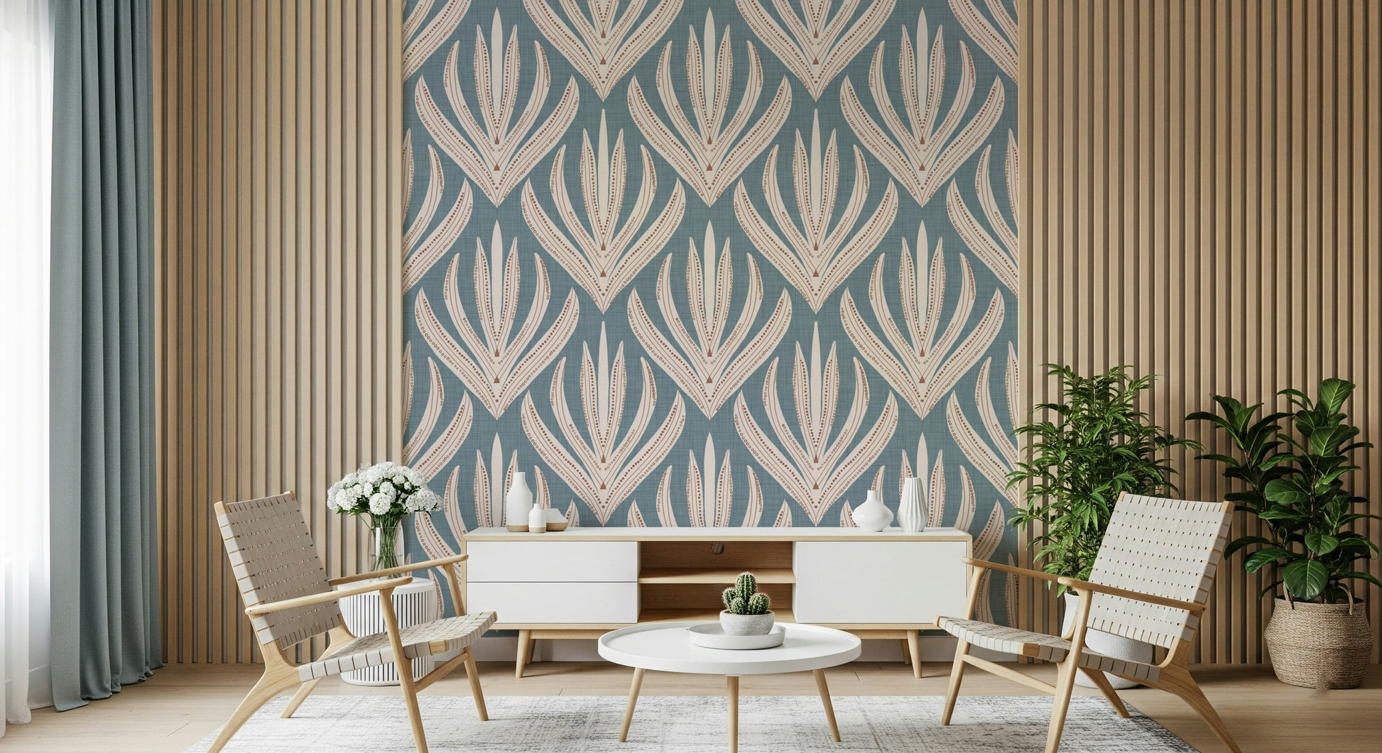 Floral Geometry in Muted Blue Wallpaper showing subtle patterned fronds.