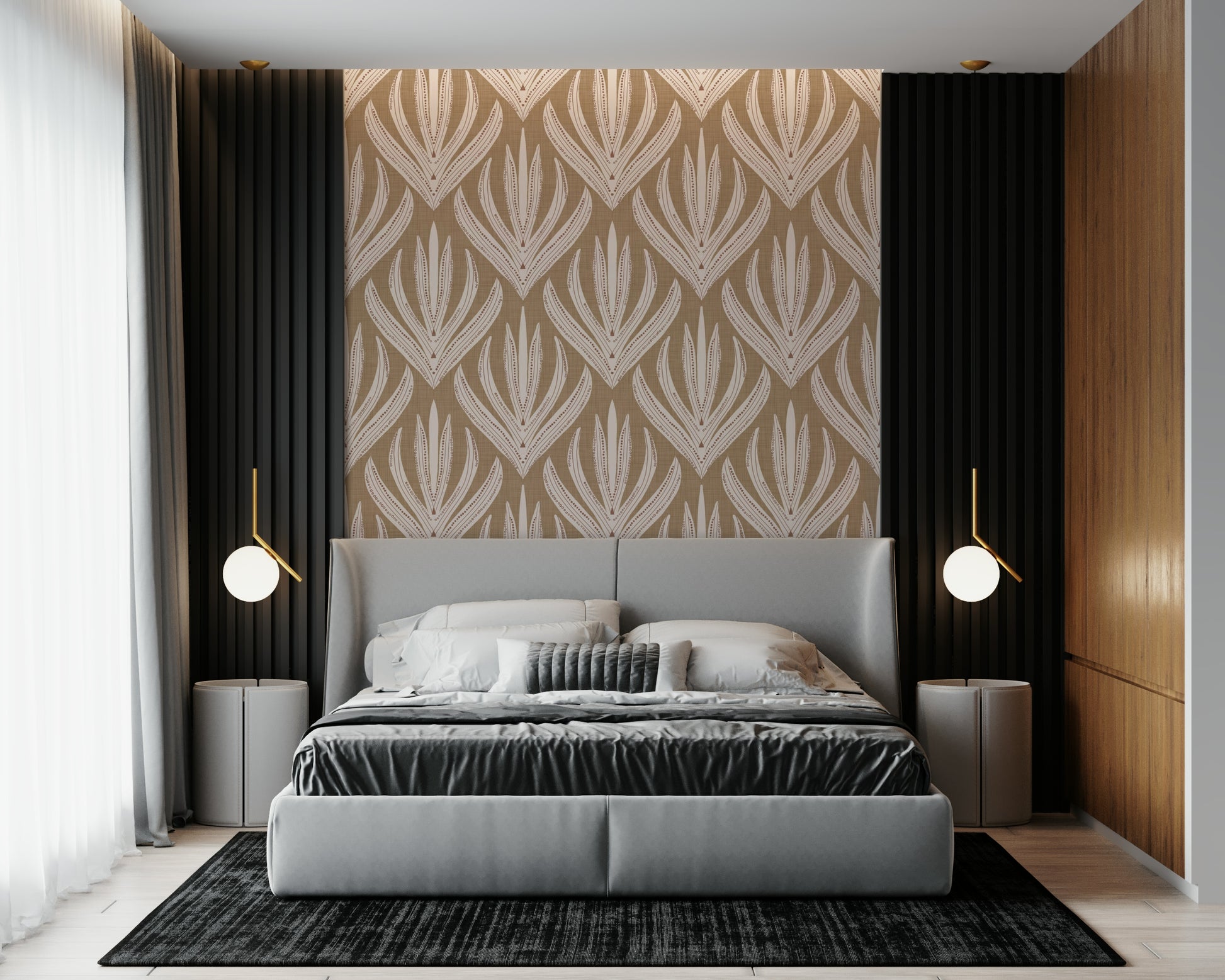 Rhythmic art deco flair in Earthy Abstract Harmony wall covering.