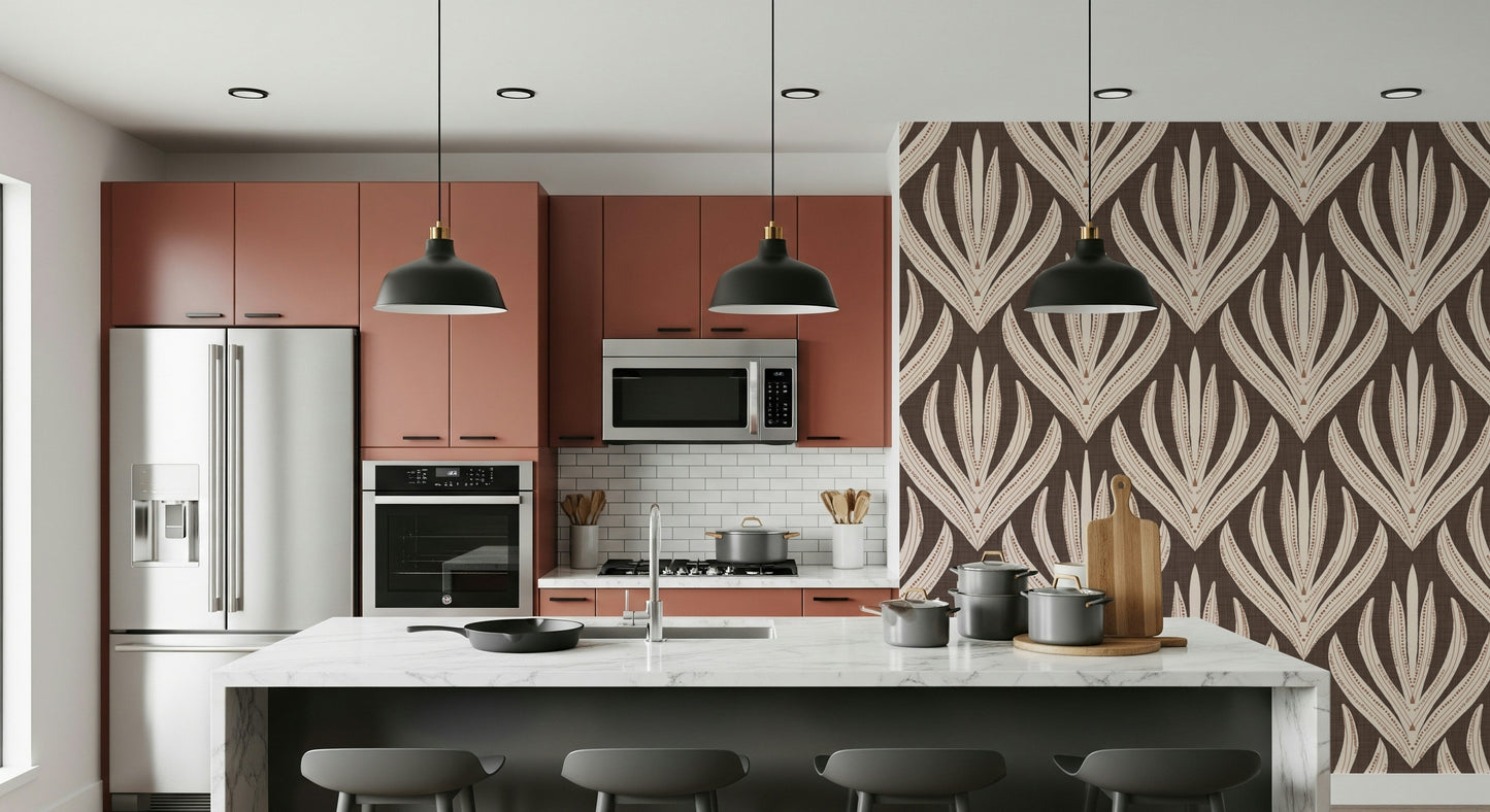 Dark cocoa background on Terra Deco Bloom Wallpaper for walls.