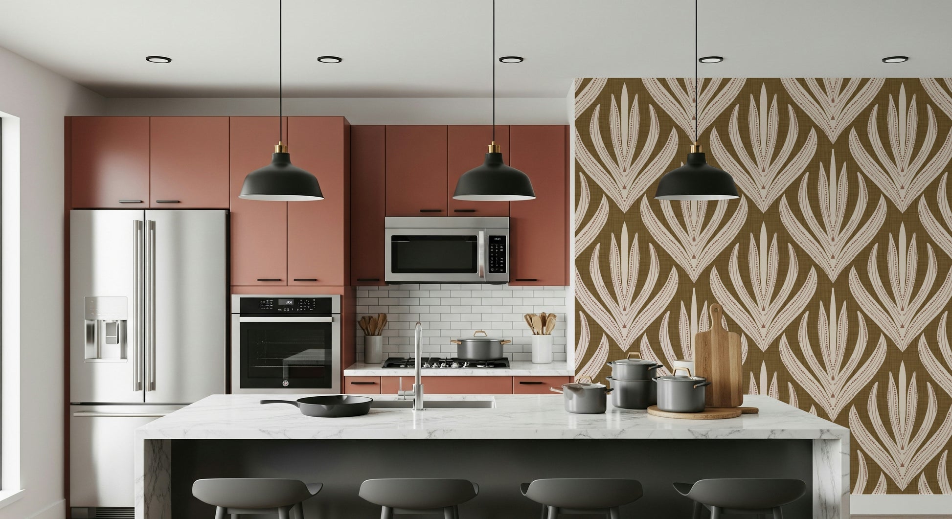 Pale dotted accent lines on the Boho Leaf Symmetry Wallpaper.